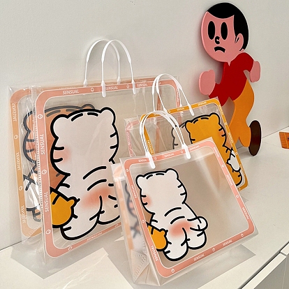 Transparent PVC Packaging Bags, with Handle, for Birthday Gift Shopping Bag, Rectangle with Tiger Pattern