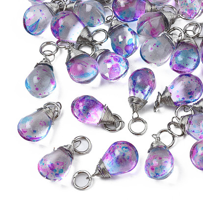 Transparent Glass Pendants, with Platinum Plated Iron Jump Ring, Teardrop