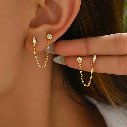 S925 Sterling Silver Horse Eye Tassel Chain Stud Earrings, with Clear Cubic Zirconia