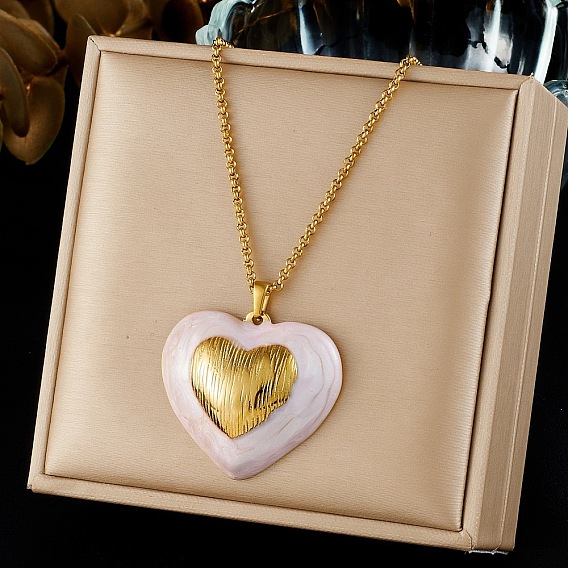 304 Stainless Steel Enamel Pink Heart Pendant Necklaces for Women