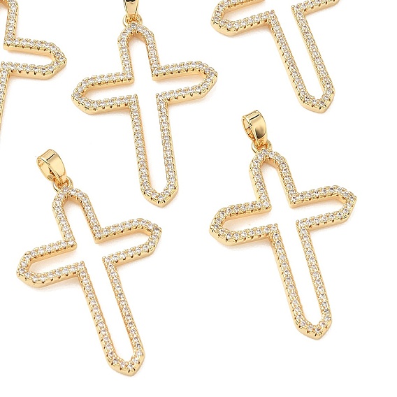 SHEGRACE Brass Micro Pave Cubic Zirconia Pendants, Cross Charms, Cadmium Free & Nickel Free & Lead Free, Clear