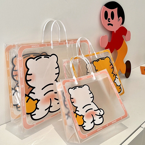 Transparent PVC Packaging Bags, with Handle, for Birthday Gift Shopping Bag, Rectangle with Tiger Pattern
