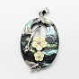 Brass Shell Oval with Flower Pendants, with Rhinestone, 48x31x8mm, Hole: 4x5mm