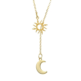 304 Stainless Steel Moon & Sun Lariat Necklace, with Brass Cable Chains