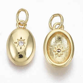 Brass Micro Pave Cubic Zirconia Charms, with Jump Ring, Nickel Free, Oval with Star, Clear
