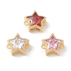 Rack Plating Brass Cubic Zirconia Connector Charms, Cadmium Free & Lead Free, Long-Lasting Plated, Real 18K Gold Plated, Star