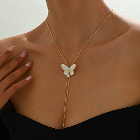 Brass Enamel Butterfly & Imitation Pearl Sweater Lariat Y-Shaped Adjustable Long Necklaces, Golden