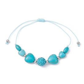 Heart Synthetic Turquoise Braided Bead Bracelets, Adjustable Polymer Clay Rhinestone Bead Nylon Thread Bracelets for Women