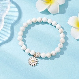 Браслеты с подвесками из сплава с эмалью в виде ромашки, Браслеты из натуральных круглых бусин магнезита для женщин