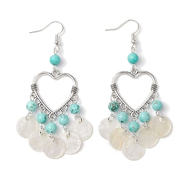 Heart Synthetic Turquoise & Capiz Shell Chandelier Earrings, Brass Dangle Earrings for Women