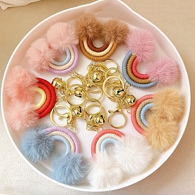 Cotton Rainbow Keychain with Artificial Fur Ball, Pom Pom Bell Key Chain