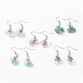 Natural Gemstone Chip Earrings, with Alloy Charm and Brass & Iron Findings