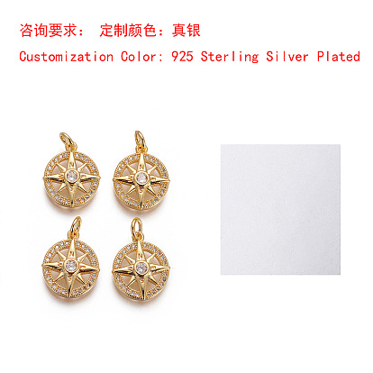 Латунные подвески, с микропаве из кубического циркония и прыжковыми кольцами, компас, прозрачные