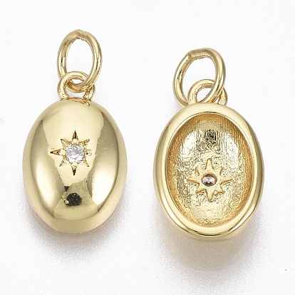 Brass Micro Pave Cubic Zirconia Charms, with Jump Ring, Nickel Free, Oval with Star, Clear