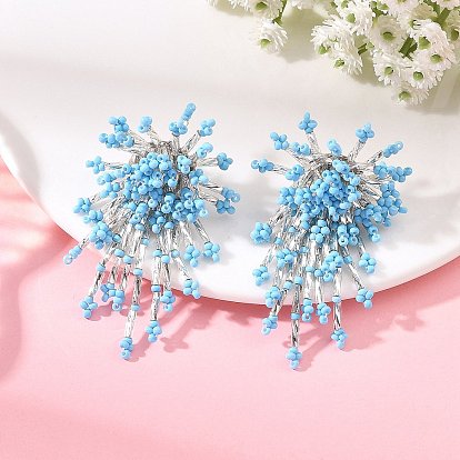 Pendientes de botón con cuentas de vidrio para mujer, flor, pendientes de la borla, Platino