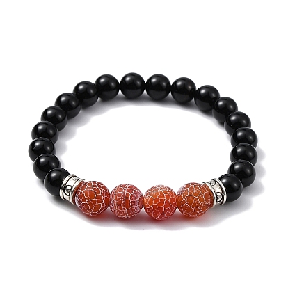 Natural Black Onyx & Crackle Agate Round Beaded Stretch Bracelet