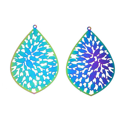 Ion Plating(IP) 201 Stainless Steel Filigree Big Pendants, Etched Metal Embellishments, Drop
