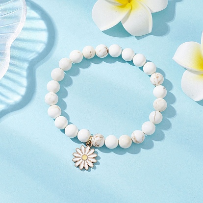 Браслеты с подвесками из сплава с эмалью в виде ромашки, Браслеты из натуральных круглых бусин магнезита для женщин