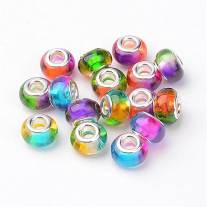 Resin European Beads, Large Hole Rondelle Beads, with Brass Cores, Silver Color Plated, 14x9mm, Hole: 5mm
