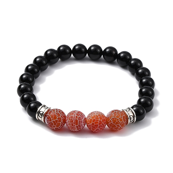 Natural Black Onyx & Crackle Agate Round Beaded Stretch Bracelet