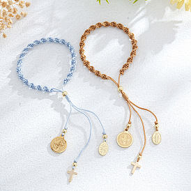 Пасхальные браслеты ручной работы из нержавеющей стали с подвесками, Браслеты из плетеного волоконного шнура для женщин, крест, Дева Мария и монета