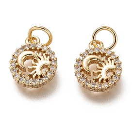 Brass Micro Pave Clear Cubic Zirconia Charms, Long-Lasting Plated, with Jump Ring, Flat Round with Moon and Sun