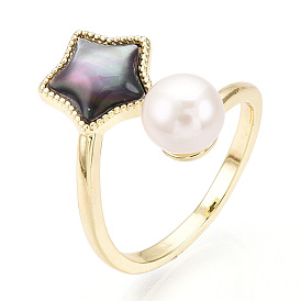 Natural Pearl Finger Open Cuff  Ring with Black Shell, Brass Finger Rings, Star