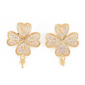 Brass Micro Pave Clear Cubic Zirconia Peg Bails Pendants, for Half Drilled Bead, Nickel Free, Four Leaf Clover