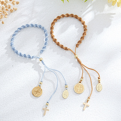 Пасхальные браслеты ручной работы из нержавеющей стали с подвесками, Браслеты из плетеного волоконного шнура для женщин, крест, Дева Мария и монета