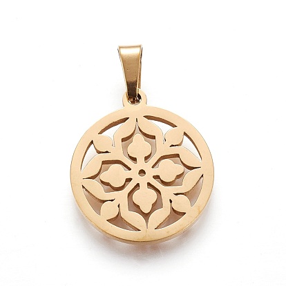 304 Stainless Steel Pendants, Flat Round with Flower