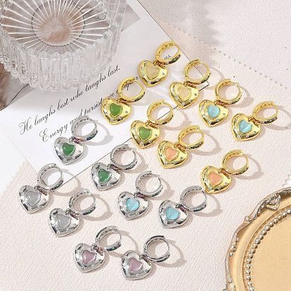 Brass Micro Pave Cubic Zirconia and Cat Eye Beads Heart Hoop Dangle Earrings, Rack Plating, Long-Lasting Plated, Cadmium Free & Lead Free