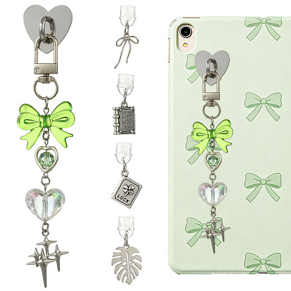 5 Lot de bouchons anti-poussière en PVC pour téléphone portable et support de téléphone en fer, avec des pendentifs en acrylique, en verre et en alliage