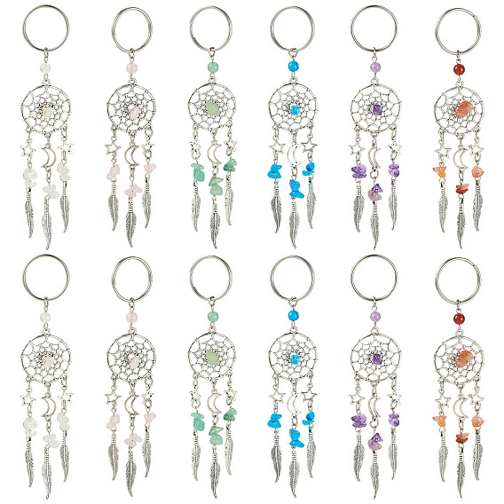 12шт 6 цвета плетеная сетка/паутина с перьями сплав подвеска брелок, с синтетической бирюзой, натуральным розовым кварцем, зеленым авантюрином, аметистом, сердоликом, кристаллами кварца и железной фурнитурой