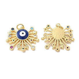 Brass Micro Pave Colorful Cubic Zirconia Pendants, with Enamel & Jump Ring, Evil Eye with Sun, Moon, Star Charm