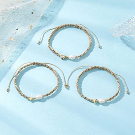 3шт. натуральный культивированный пресноводный жемчуг и латунь и 304 плетеные браслеты из бусин из нержавеющей стали для женщин