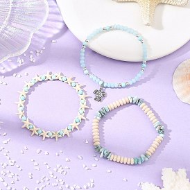 3 Stück 3 Stile: Gefärbte natürliche Howlith-, versteinerte Holz-, Larimar- und synthetische Türkis-Stretch-Perlen-Sets, Verstellbare, stapelbare Armbänder mit Schildkrötenanhänger aus Meereslegierung, Antik Silber Farbe