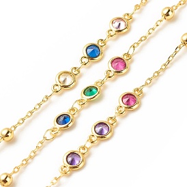 Cubic Zirconia Flat Round Link Chain, with Brass Cable Chains, Long-Lasting Plated, Soldered, with Spool