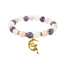 8mm Natural Rose Quartz & Quartz Crystal & Amethyst Round Beaded Stretch Bracelets, Moon Fairy Alloy Charm Bracelets for Women