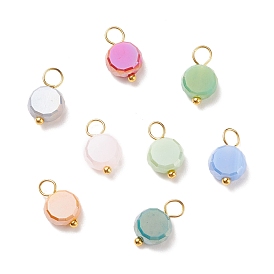 Electroplate Opaque Glass Charms, with Golden Plated Brass Loops, Flat Round