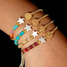 Винтажные браслеты из бусин с драгоценными камнями, латунью и натуральными ракушками для женщин., звезда и плоская круглая фигурка с изображением Иисуса