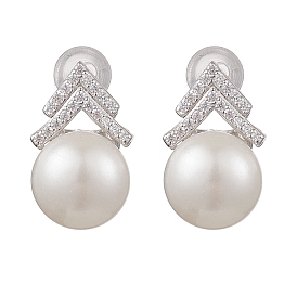 Natural Pearl Ear Studs, with Sterling Silver Micro Pave Clear Cubic Zirconia Findings, Round