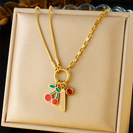 304 двухслойные ожерелья с подвеской из нержавеющей стали с красной эмалью и вишнями, со стразами