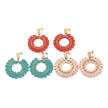 Woven Glass & Brass Beaded Donut Dangle Stud Earrings, with Vacuum Plating 304 Stainless Steel Pins