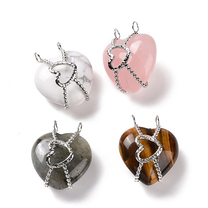 Natural Stone Pendants, with Stainless Steel Color Plated 304 Stainless Steel Heart Findings, Heart