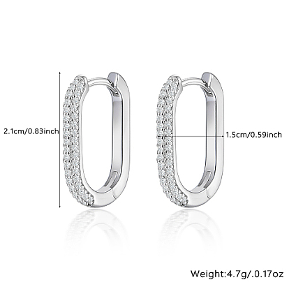 Oval Rhodium Plated 925 Sterling Silver with Rhinestone Hoop Earrings, with 925 Stamp