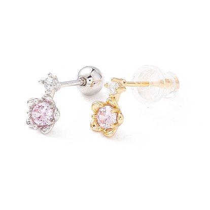 Pink Cubic Zirconia Sakura Cartilage Earrings for Women, Dainty Brass Earrings with Screw Back Ball Tragus