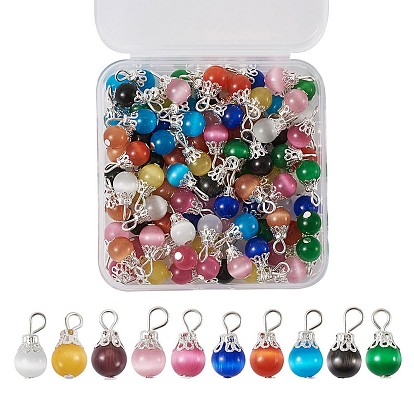 Подвески кошачий глаз, с железной фурнитурой серебрянного цвета, круглые