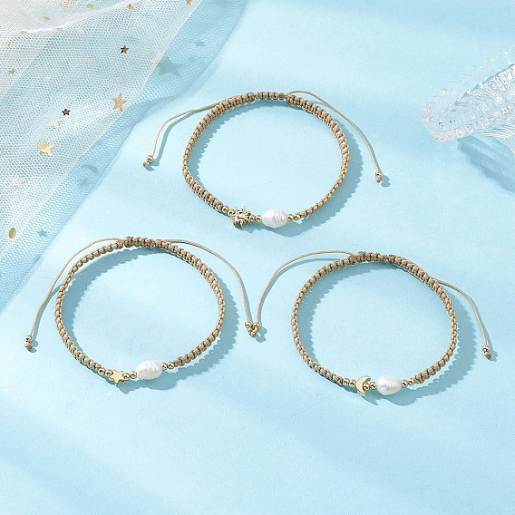 3шт. натуральный культивированный пресноводный жемчуг и латунь и 304 плетеные браслеты из бусин из нержавеющей стали для женщин