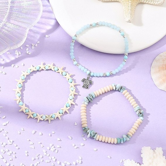 3Pcs 3 Styles Dyed Natural Howlite & Petrified Wood & Larimar & Synthetic Turquoise Stretch Bead Bracelet Sets, Ocean Alloy Turtle Charm Adjustable Stackable Bracelets, Antique Silver