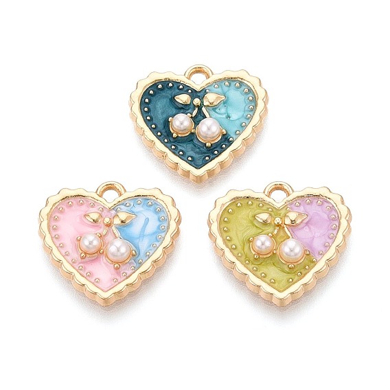 Подвески из эмали и сплава, с ABS имитации жемчуга, сердце с вишневым шармом, золотые